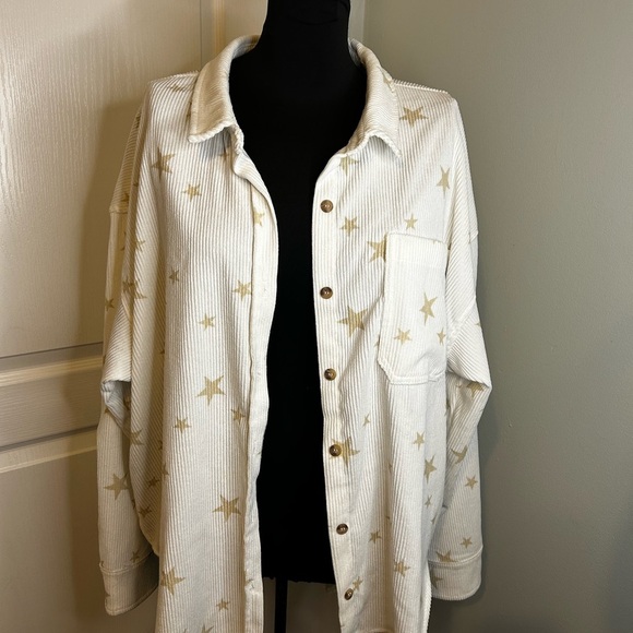 Wishlist Apparel White Corduroy Oversized Shacket Stars Button Cuff Womens M/L - Picture 1 of 8